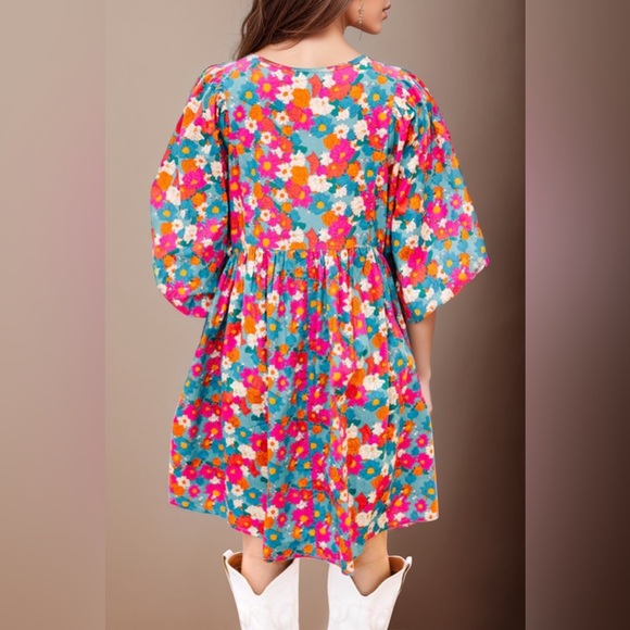 Floral Tie Neck Puff Sleeve Mini Dress - Picture 3 of 8